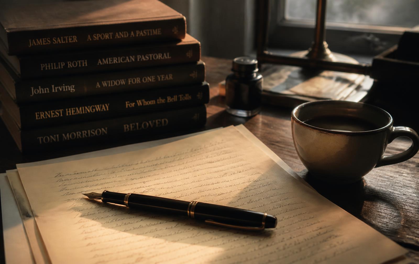 A fountain pen resting on handwritten manuscript pages beside a stack of novels
